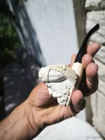 Tobacco pipe in original box, figurative, hand-carved. Bacchus or Sultan head
