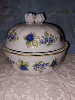 Hollóházi porcelán szeder mintás keksztartó, bonbonier, doboz