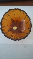 Retro Bohemia Glass borostyán üvegtál – Eredeti gyári címkével (Csehszlovákia)