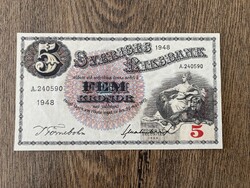 Svédország 5 Korona 1948 UNC