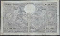 Belgium 100 Francs / 20 Belgas 1941, VG+.