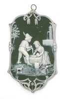 Ritka antik angol biscuit porcelán fali plakett idilli falusi  életkép jelenettel 5090B  RZ