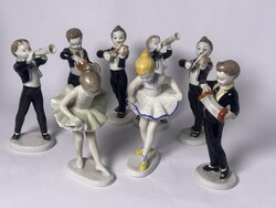 Hollóházi porcelán zenész figurák és balerinák – 8 db-os kézzel festett gyűjtemény (kb. 1960–1970)