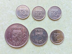 Hollandia 6 db Különböző Érme 10 25 Cent 1 Gulden 1980-1997