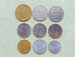 Szlovákia 9 db Különböző Érme 20 50 Halierov 1 2 5 10 Korona 1993-2001