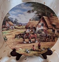 Vidéki jelenetes porcelán falitányér, lovas dísztányér 6 (L5210)