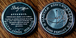V 1841 Magyarország ezüst 3000 forint 2002 Bolyai János Proof