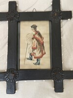 Hollóházi Embossed Shepherd Illustration in Folk Carved Rosette Frame