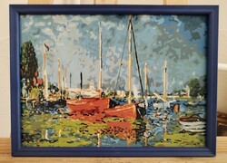 (FBL7) Szép kis festmény Claude Monet után 35x26  cm kerettel kis hajók (XVSD)
