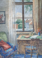 Akvarell enteriőr "Szobám Stübingban, I. emelet az első világháborúban" (kerettel 33x45 cm) Ausztria