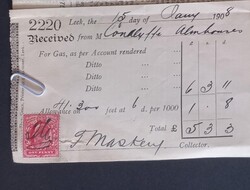 1908 angol gázszámla nyugta eredeti illetékbélyeggel – Leek – Nagy-Britannia