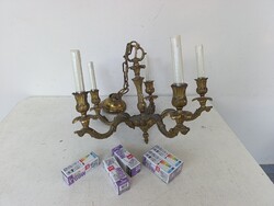 Antik csillár patinás öntött réz sárgaréz 5 karú flamand + 5 db új díszgyertya és 5 új izzó 720 7067