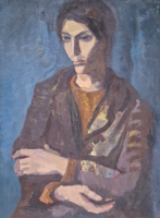 Mizser Pál: Leány (olajfestmény 80x58 cm) Női portré, kék háttérrel - váci festőművész
