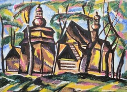 Expressionist Landscape with Church, in a Beautiful Frame! Unique Color Palette, Modern Landscape