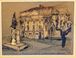 László Ákos (1940 ) - Debreceni Református Kollégium a Bocskai-szoborral - grafika