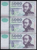 5000 forint 1999 BK 3 pcs consecutive banknotes (EF+)