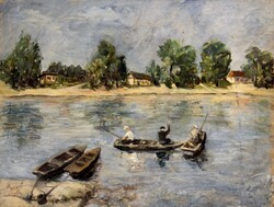Artist pending identification: Fishermen on the lake /invoice included/