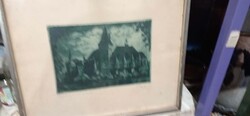 Szignált Vajdahunyadvár színes rézkarc 421
