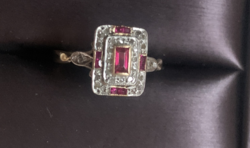 Art Deco Gold Ring with Diamonds and Rubies. Certified