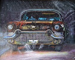 Akrilfestmény   40x50.   vászon.   A Vas.  Cadillac 57'   akrillal festeve.  feszített vászon. 40x50