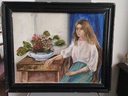 Kiváló kvalitasu 20. Századi enteriőr női alakkal és virág csendélet tél. ( Dealer Board )