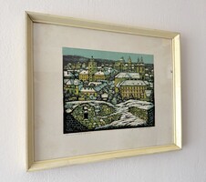 Réti Mátyás: Havas tetők (Eger) – Színes linómetszet, jelzett, 53/100