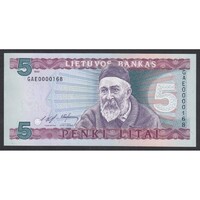 Litvánia,5 litai 1993 - LOW SERIAL UNC