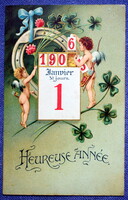 Antik Újévi üdvözlő grafikus1905/6  évszámos képeslap - angyalkák,  4levelű lóhere