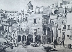 Mediterrán utcakép csónakokkal - Ábrahám Rafael aláírt rézkarca, városrészlet tájkép - Olaszország?