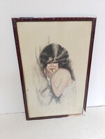 Antik Art deco grafika akvarell üveg alatt sérült keretben szignált 409 7110