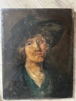 Antik olajfestmény - Finom kvalitású női portré kalapban (Rembrandt stílusában), 19. század