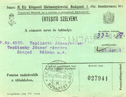 Értesítő szelvény: Magyar Kir. Illetményhivatal, 1937.