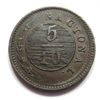 Argentína,5/10 real 1827 - Buenos Aires EF+ réz