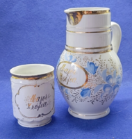 Bieder egyedi ,nevesített antik porcelán kancsó és pohár szett – „Major Zsófia” részére 19 sz.közepe