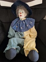 Nagy méretű (50 cm) vintage porcelán fejű bohóc baba