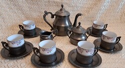 Exkluzív ón kávés szett: sasfejes kannával és porcelán betétes csészékkel (L6264)