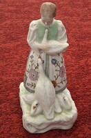 Hollóházi girl with ducks, girl feeding duck, porcelain figurine
