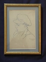 Sapkás fiú, Praturlone 1917, jelzett, antik grafika arany keretben, üveg alatt, festmény skicc, előz