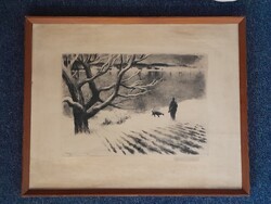 József Kórusz Copper Engraving - Hunter and Dog