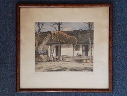 József Csillag painted copper engraving - Peasant House