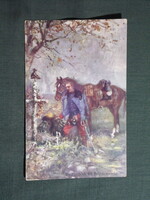 Képeslap,Osztrák Magyar hadsereg,katona levél,huszár lovával,sírhelynél ,1914-