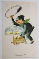 Képeslap, Újévi üdvözlő, grafika Győry Miklós (AD)