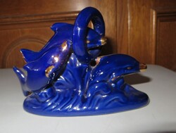 Régi retro kobaltkék kerámia delfin nipp figura arany díszítéssel 13 cm 1.