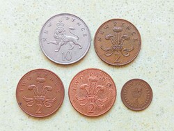 Anglia 5 db Különböző Érme 1/2 Penny 2 10 Pence 1968-2004