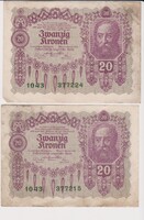 Osztrák-Magyar  2 x 20  korona 1922  VG
