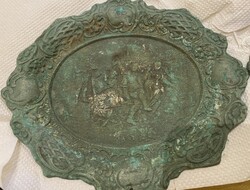Antik neobarokk fali relief / dombormű – Kocsmai zsánerjelenet (cinköntvény, kb. 1900) 2 db