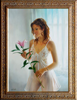 Gulyás László: Lány liliommal - keretezve 95x65 cm - alkotás 70x50 cm - K26/2461