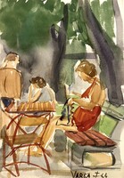 Varga Ferenc (1928-2019) Kötögető nő a padon, 1964 - retró hangulatú életkép /számlát adunk/