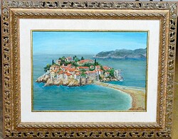 Szignált Adriai Tájkép - Sveti Stefan Sziget látképével 1970
