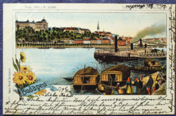 Buda látképe a királyi palotával /pesti rakpartról - antik litho Ganz A. képeslap  1901